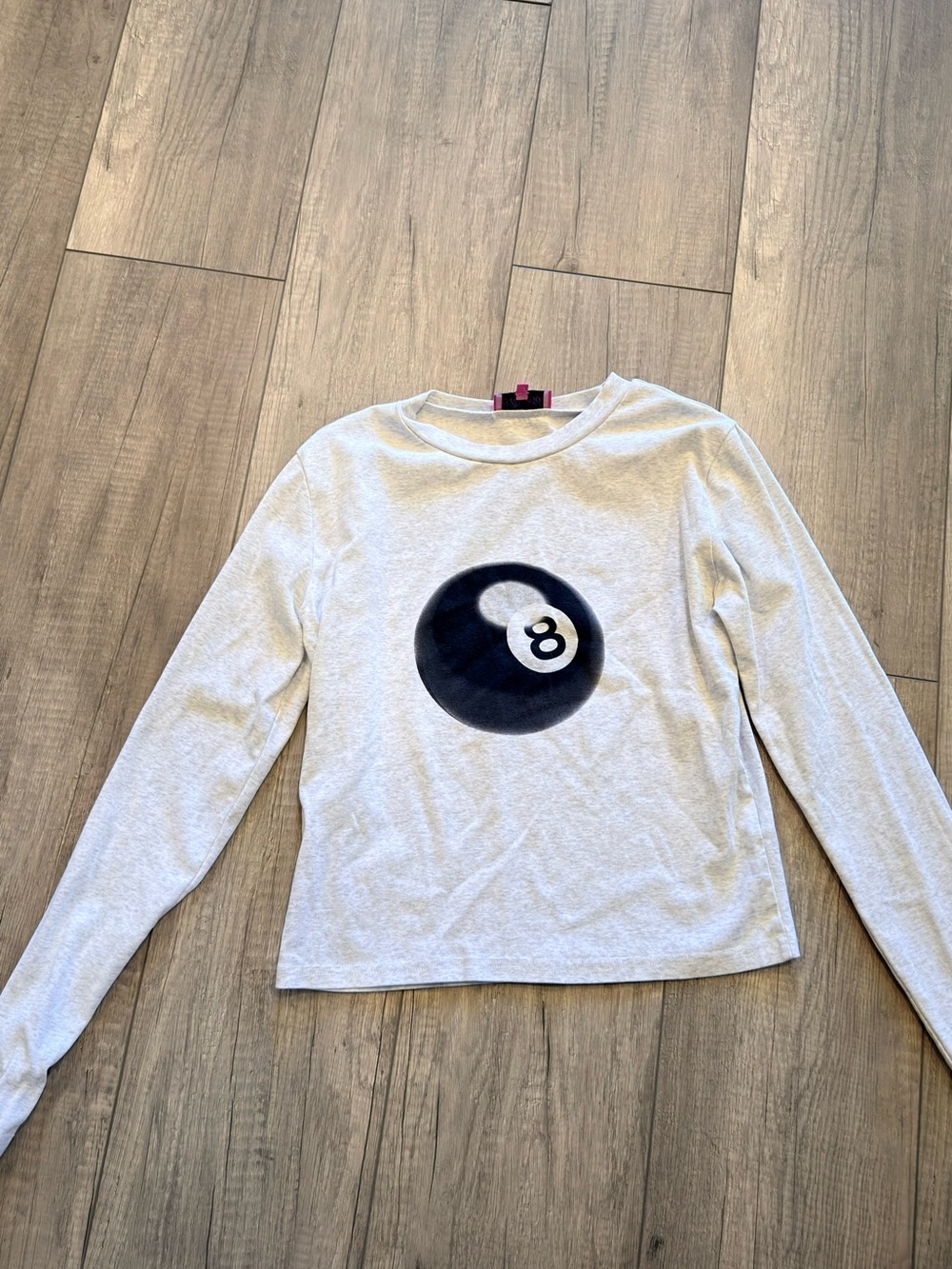 Edikted Light Gray Long Sleeve Tee with Black 8-Ball Graphic
